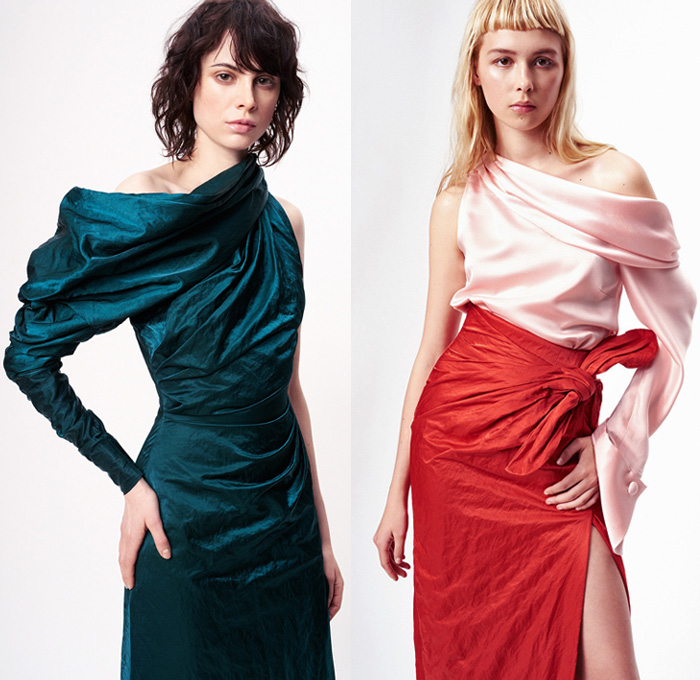 Monse 2017 Pre Fall Autumn Womens Lookbook Presentation - Twisted Wrap Drapery Knots Ribbons Deconstructed Mens Tailoring Shirting Pinstripe Stripes Polka Dots Dad Jeans Tapered Denim Silk Satin One Shoulder Dress Gown Eveningwear Peel Away Buttons High Slit Shirtdress Half & Half Outerwear Blazer Jacket Pantsuit Tuxedo Flare Vest Waistcoat Wide Leg Culottes Geometric Leopard Heels