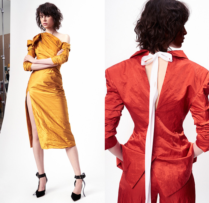 Monse 2017 Pre Fall Autumn Womens Lookbook Presentation - Twisted Wrap Drapery Knots Ribbons Deconstructed Mens Tailoring Shirting Pinstripe Stripes Polka Dots Dad Jeans Tapered Denim Silk Satin One Shoulder Dress Gown Eveningwear Peel Away Buttons High Slit Shirtdress Half & Half Outerwear Blazer Jacket Pantsuit Tuxedo Flare Vest Waistcoat Wide Leg Culottes Geometric Leopard Heels