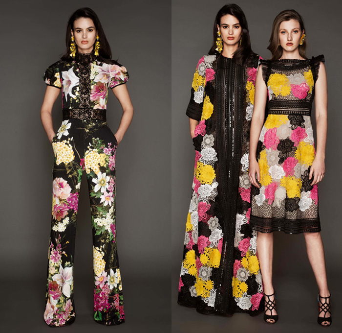 Naeem Khan 2017 Pre Fall Autumn Womens Lookbook Presentation - Watercolor Flowers Floral Leaves Foliage Vines Birds Blouse Sheer Chiffon Tulle Lace Embroidery Adorned Bedazzled Ruffles Mesh Maxi Dress Gown Eveningwear Strapless Stripes Gold High Slit Tiered Fringes