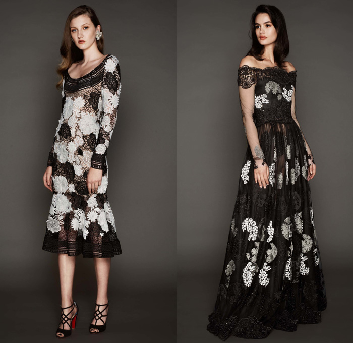 Naeem Khan 2017 Pre Fall Autumn Womens Lookbook Presentation - Watercolor Flowers Floral Leaves Foliage Vines Birds Blouse Sheer Chiffon Tulle Lace Embroidery Adorned Bedazzled Ruffles Mesh Maxi Dress Gown Eveningwear Strapless Stripes Gold High Slit Tiered Fringes
