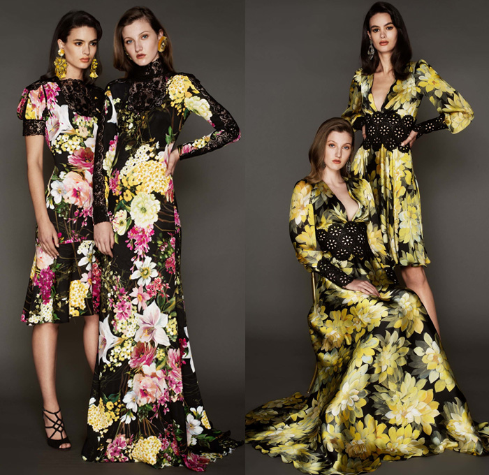 Naeem Khan 2017 Pre Fall Autumn Womens Lookbook Presentation - Watercolor Flowers Floral Leaves Foliage Vines Birds Blouse Sheer Chiffon Tulle Lace Embroidery Adorned Bedazzled Ruffles Mesh Maxi Dress Gown Eveningwear Strapless Stripes Gold High Slit Tiered Fringes