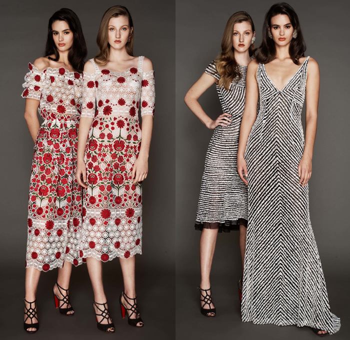 Naeem Khan 2017 Pre Fall Autumn Womens Lookbook Presentation - Watercolor Flowers Floral Leaves Foliage Vines Birds Blouse Sheer Chiffon Tulle Lace Embroidery Adorned Bedazzled Ruffles Mesh Maxi Dress Gown Eveningwear Strapless Stripes Gold High Slit Tiered Fringes