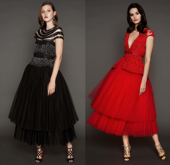 Naeem Khan 2017 Pre Fall Autumn Womens Lookbook Presentation - Watercolor Flowers Floral Leaves Foliage Vines Birds Blouse Sheer Chiffon Tulle Lace Embroidery Adorned Bedazzled Ruffles Mesh Maxi Dress Gown Eveningwear Strapless Stripes Gold High Slit Tiered Fringes