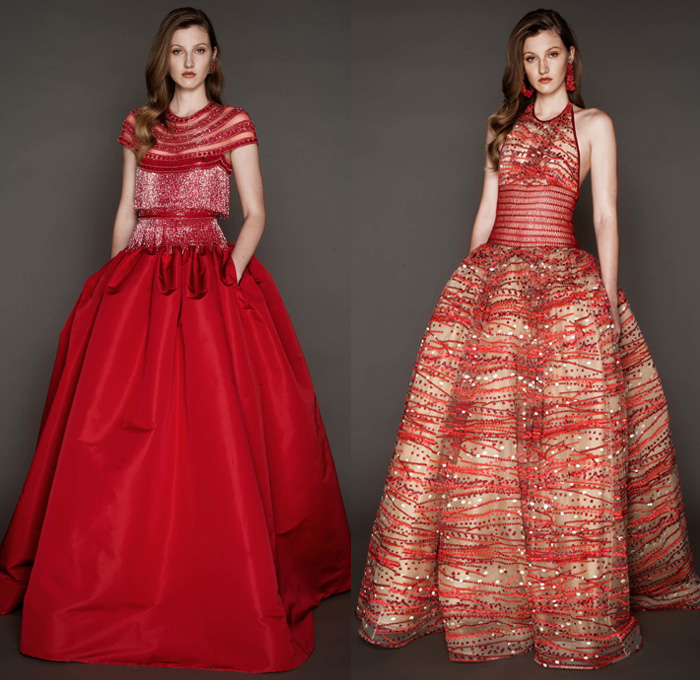 Naeem Khan 2017 Pre Fall Autumn Womens Lookbook Presentation - Watercolor Flowers Floral Leaves Foliage Vines Birds Blouse Sheer Chiffon Tulle Lace Embroidery Adorned Bedazzled Ruffles Mesh Maxi Dress Gown Eveningwear Strapless Stripes Gold High Slit Tiered Fringes