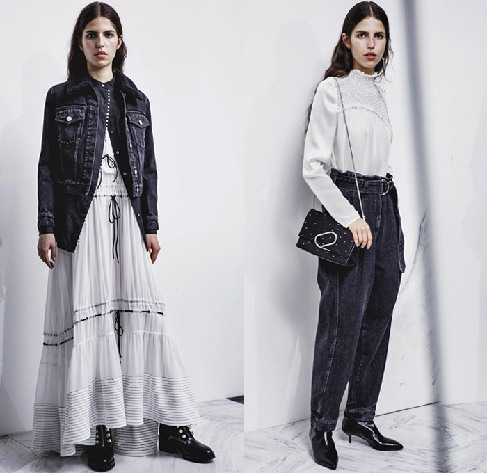 3.1 Phillip Lim 2017 Pre Fall Autumn Womens Lookbook Presentation - Age Of Innocence Victorian Peasant Blouse Skirt Drawstring Cinch Lace Up Pearls Stripes Corset Knit Outerwear Coat Blazer Jacket Anorak Windbreaker Buttons Bell Sleeves Dress Plaid Tartan Check Wool Pussycat Bow Bomber Jacket Linen Plastic High Waist Track Pants Sporty Jogger Sweatpants Pinafore Strapless Vest Waistcoat Polka Dots Denim Mom Jeans Tapered Dark Wash Faded Bleached Wide Leg Crossbody Bag Purse Clutch Ankle Boots Grommets