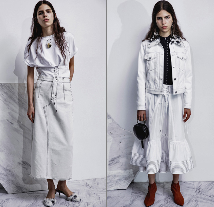 3.1 Phillip Lim 2017 Pre Fall Autumn Womens Lookbook Presentation - Age Of Innocence Victorian Peasant Blouse Skirt Drawstring Cinch Lace Up Pearls Stripes Corset Knit Outerwear Coat Blazer Jacket Anorak Windbreaker Buttons Bell Sleeves Dress Plaid Tartan Check Wool Pussycat Bow Bomber Jacket Linen Plastic High Waist Track Pants Sporty Jogger Sweatpants Pinafore Strapless Vest Waistcoat Polka Dots Denim Mom Jeans Tapered Dark Wash Faded Bleached Wide Leg Crossbody Bag Purse Clutch Ankle Boots Grommets