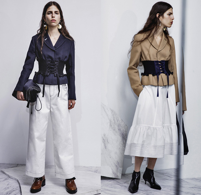 3.1 Phillip Lim 2017 Pre Fall Autumn Womens Lookbook Presentation - Age Of Innocence Victorian Peasant Blouse Skirt Drawstring Cinch Lace Up Pearls Stripes Corset Knit Outerwear Coat Blazer Jacket Anorak Windbreaker Buttons Bell Sleeves Dress Plaid Tartan Check Wool Pussycat Bow Bomber Jacket Linen Plastic High Waist Track Pants Sporty Jogger Sweatpants Pinafore Strapless Vest Waistcoat Polka Dots Denim Mom Jeans Tapered Dark Wash Faded Bleached Wide Leg Crossbody Bag Purse Clutch Ankle Boots Grommets