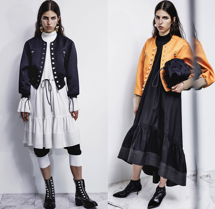 3.1 Phillip Lim 2017 Pre Fall Autumn Womens Lookbook Presentation - Age Of Innocence Victorian Peasant Blouse Skirt Drawstring Cinch Lace Up Pearls Stripes Corset Knit Outerwear Coat Blazer Jacket Anorak Windbreaker Buttons Bell Sleeves Dress Plaid Tartan Check Wool Pussycat Bow Bomber Jacket Linen Plastic High Waist Track Pants Sporty Jogger Sweatpants Pinafore Strapless Vest Waistcoat Polka Dots Denim Mom Jeans Tapered Dark Wash Faded Bleached Wide Leg Crossbody Bag Purse Clutch Ankle Boots Grommets