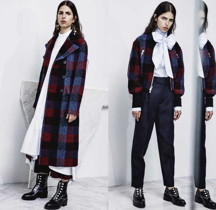 3.1 Phillip Lim 2017 Pre Fall Autumn Womens Lookbook Presentation - Age Of Innocence Victorian Peasant Blouse Skirt Drawstring Cinch Lace Up Pearls Stripes Corset Knit Outerwear Coat Blazer Jacket Anorak Windbreaker Buttons Bell Sleeves Dress Plaid Tartan Check Wool Pussycat Bow Bomber Jacket Linen Plastic High Waist Track Pants Sporty Jogger Sweatpants Pinafore Strapless Vest Waistcoat Polka Dots Denim Mom Jeans Tapered Dark Wash Faded Bleached Wide Leg Crossbody Bag Purse Clutch Ankle Boots Grommets