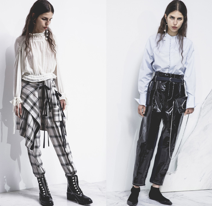 3.1 Phillip Lim 2017 Pre Fall Autumn Womens Lookbook Presentation - Age Of Innocence Victorian Peasant Blouse Skirt Drawstring Cinch Lace Up Pearls Stripes Corset Knit Outerwear Coat Blazer Jacket Anorak Windbreaker Buttons Bell Sleeves Dress Plaid Tartan Check Wool Pussycat Bow Bomber Jacket Linen Plastic High Waist Track Pants Sporty Jogger Sweatpants Pinafore Strapless Vest Waistcoat Polka Dots Denim Mom Jeans Tapered Dark Wash Faded Bleached Wide Leg Crossbody Bag Purse Clutch Ankle Boots Grommets