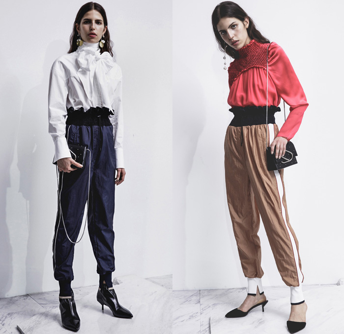 3.1 Phillip Lim 2017 Pre Fall Autumn Womens Lookbook Presentation - Age Of Innocence Victorian Peasant Blouse Skirt Drawstring Cinch Lace Up Pearls Stripes Corset Knit Outerwear Coat Blazer Jacket Anorak Windbreaker Buttons Bell Sleeves Dress Plaid Tartan Check Wool Pussycat Bow Bomber Jacket Linen Plastic High Waist Track Pants Sporty Jogger Sweatpants Pinafore Strapless Vest Waistcoat Polka Dots Denim Mom Jeans Tapered Dark Wash Faded Bleached Wide Leg Crossbody Bag Purse Clutch Ankle Boots Grommets