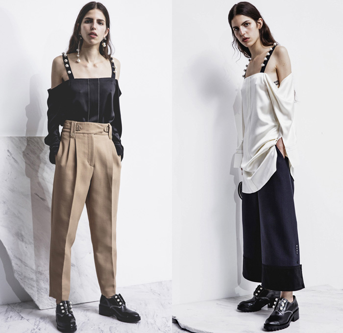 3.1 Phillip Lim 2017 Pre Fall Autumn Womens Lookbook Presentation - Age Of Innocence Victorian Peasant Blouse Skirt Drawstring Cinch Lace Up Pearls Stripes Corset Knit Outerwear Coat Blazer Jacket Anorak Windbreaker Buttons Bell Sleeves Dress Plaid Tartan Check Wool Pussycat Bow Bomber Jacket Linen Plastic High Waist Track Pants Sporty Jogger Sweatpants Pinafore Strapless Vest Waistcoat Polka Dots Denim Mom Jeans Tapered Dark Wash Faded Bleached Wide Leg Crossbody Bag Purse Clutch Ankle Boots Grommets