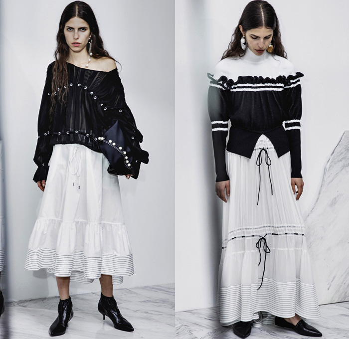 3.1 Phillip Lim 2017 Pre Fall Autumn Womens Lookbook Presentation - Age Of Innocence Victorian Peasant Blouse Skirt Drawstring Cinch Lace Up Pearls Stripes Corset Knit Outerwear Coat Blazer Jacket Anorak Windbreaker Buttons Bell Sleeves Dress Plaid Tartan Check Wool Pussycat Bow Bomber Jacket Linen Plastic High Waist Track Pants Sporty Jogger Sweatpants Pinafore Strapless Vest Waistcoat Polka Dots Denim Mom Jeans Tapered Dark Wash Faded Bleached Wide Leg Crossbody Bag Purse Clutch Ankle Boots Grommets