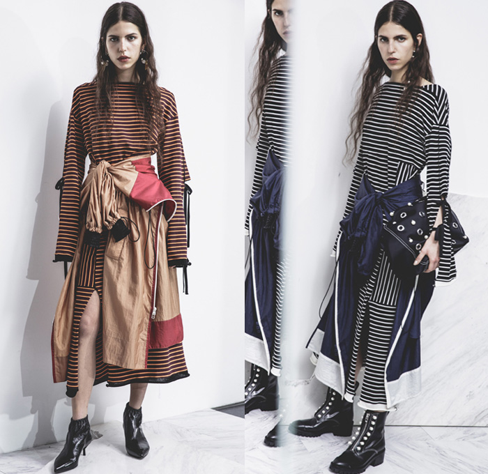 3.1 Phillip Lim 2017 Pre Fall Autumn Womens Lookbook Presentation - Age Of Innocence Victorian Peasant Blouse Skirt Drawstring Cinch Lace Up Pearls Stripes Corset Knit Outerwear Coat Blazer Jacket Anorak Windbreaker Buttons Bell Sleeves Dress Plaid Tartan Check Wool Pussycat Bow Bomber Jacket Linen Plastic High Waist Track Pants Sporty Jogger Sweatpants Pinafore Strapless Vest Waistcoat Polka Dots Denim Mom Jeans Tapered Dark Wash Faded Bleached Wide Leg Crossbody Bag Purse Clutch Ankle Boots Grommets