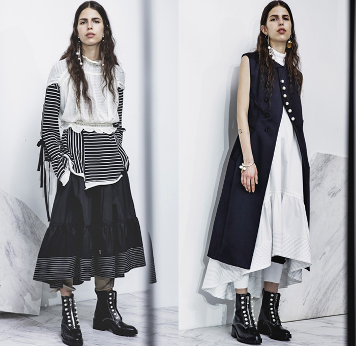 3.1 Phillip Lim 2017 Pre Fall Autumn Womens Lookbook Presentation - Age Of Innocence Victorian Peasant Blouse Skirt Drawstring Cinch Lace Up Pearls Stripes Corset Knit Outerwear Coat Blazer Jacket Anorak Windbreaker Buttons Bell Sleeves Dress Plaid Tartan Check Wool Pussycat Bow Bomber Jacket Linen Plastic High Waist Track Pants Sporty Jogger Sweatpants Pinafore Strapless Vest Waistcoat Polka Dots Denim Mom Jeans Tapered Dark Wash Faded Bleached Wide Leg Crossbody Bag Purse Clutch Ankle Boots Grommets