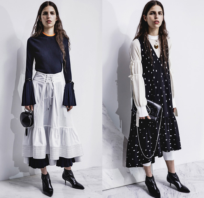 3.1 Phillip Lim 2017 Pre Fall Autumn Womens Lookbook Presentation - Age Of Innocence Victorian Peasant Blouse Skirt Drawstring Cinch Lace Up Pearls Stripes Corset Knit Outerwear Coat Blazer Jacket Anorak Windbreaker Buttons Bell Sleeves Dress Plaid Tartan Check Wool Pussycat Bow Bomber Jacket Linen Plastic High Waist Track Pants Sporty Jogger Sweatpants Pinafore Strapless Vest Waistcoat Polka Dots Denim Mom Jeans Tapered Dark Wash Faded Bleached Wide Leg Crossbody Bag Purse Clutch Ankle Boots Grommets