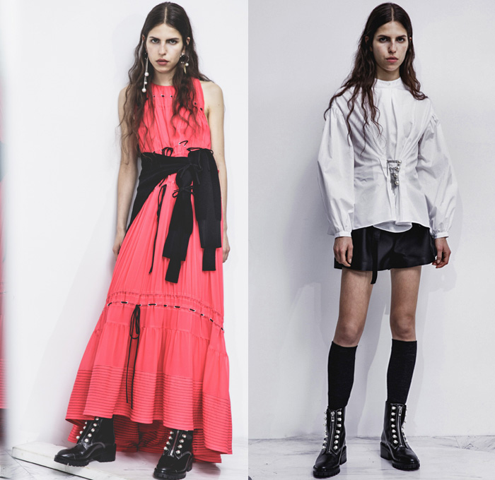 3.1 Phillip Lim 2017 Pre Fall Autumn Womens Lookbook Presentation - Age Of Innocence Victorian Peasant Blouse Skirt Drawstring Cinch Lace Up Pearls Stripes Corset Knit Outerwear Coat Blazer Jacket Anorak Windbreaker Buttons Bell Sleeves Dress Plaid Tartan Check Wool Pussycat Bow Bomber Jacket Linen Plastic High Waist Track Pants Sporty Jogger Sweatpants Pinafore Strapless Vest Waistcoat Polka Dots Denim Mom Jeans Tapered Dark Wash Faded Bleached Wide Leg Crossbody Bag Purse Clutch Ankle Boots Grommets