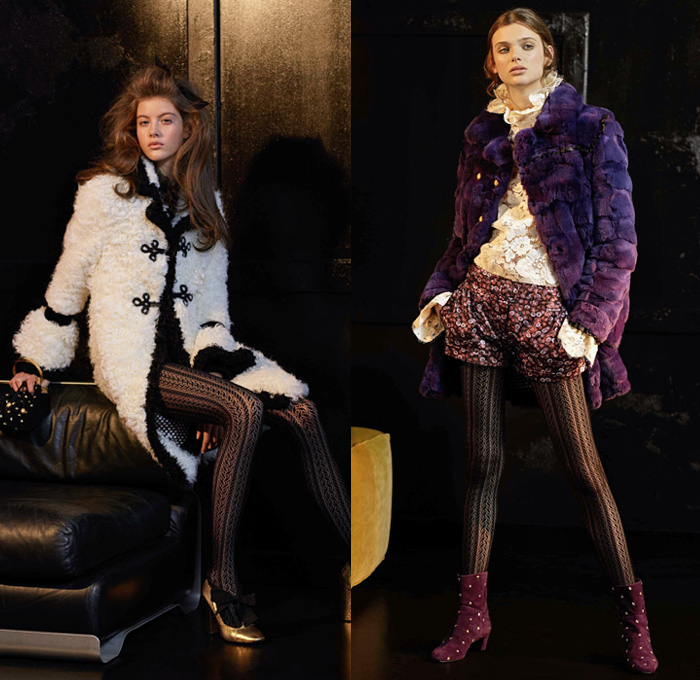 Philosophy Di Lorenzo Serafini 2017 Pre Fall Autumn Womens Lookbook Presentation - 1960s Sixties Mod 1970s Seventies Plush Fur Outerwear Coat Poncho Hanging Sleeve Cloak Cape Hotpants Shorts Over Stockings Lace Needlework Flowers Floral Silk Satin One Shoulder Maxi Dress Goddess Gown Balloon Sleeves Ruffles Accordion Pleats Pussycat Bow Ribbon Stars Hexagram Corduroy Blouse Long Sleeve Shirt Knit Sweater Jumper Vest Skirt Frock Embroidery Decorated Bedazzled Plaid Tartan Check Leather Bell Hem Cherries Leopard Wide Leg Trousers Palazzo Pants Stockings Tights Hosiery Boots Suede Pumps Purse Clutch Mini Bag 