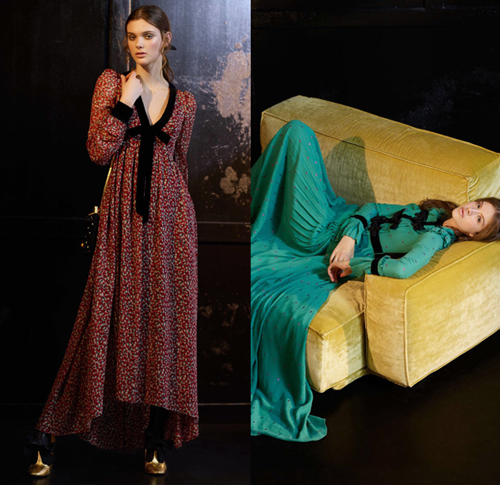 Philosophy Di Lorenzo Serafini 2017 Pre Fall Autumn Womens Lookbook Presentation - 1960s Sixties Mod 1970s Seventies Plush Fur Outerwear Coat Poncho Hanging Sleeve Cloak Cape Hotpants Shorts Over Stockings Lace Needlework Flowers Floral Silk Satin One Shoulder Maxi Dress Goddess Gown Balloon Sleeves Ruffles Accordion Pleats Pussycat Bow Ribbon Stars Hexagram Corduroy Blouse Long Sleeve Shirt Knit Sweater Jumper Vest Skirt Frock Embroidery Decorated Bedazzled Plaid Tartan Check Leather Bell Hem Cherries Leopard Wide Leg Trousers Palazzo Pants Stockings Tights Hosiery Boots Suede Pumps Purse Clutch Mini Bag 