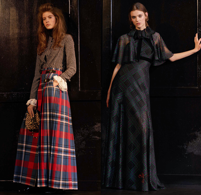 Philosophy Di Lorenzo Serafini 2017 Pre Fall Autumn Womens Lookbook Presentation - 1960s Sixties Mod 1970s Seventies Plush Fur Outerwear Coat Poncho Hanging Sleeve Cloak Cape Hotpants Shorts Over Stockings Lace Needlework Flowers Floral Silk Satin One Shoulder Maxi Dress Goddess Gown Balloon Sleeves Ruffles Accordion Pleats Pussycat Bow Ribbon Stars Hexagram Corduroy Blouse Long Sleeve Shirt Knit Sweater Jumper Vest Skirt Frock Embroidery Decorated Bedazzled Plaid Tartan Check Leather Bell Hem Cherries Leopard Wide Leg Trousers Palazzo Pants Stockings Tights Hosiery Boots Suede Pumps Purse Clutch Mini Bag 