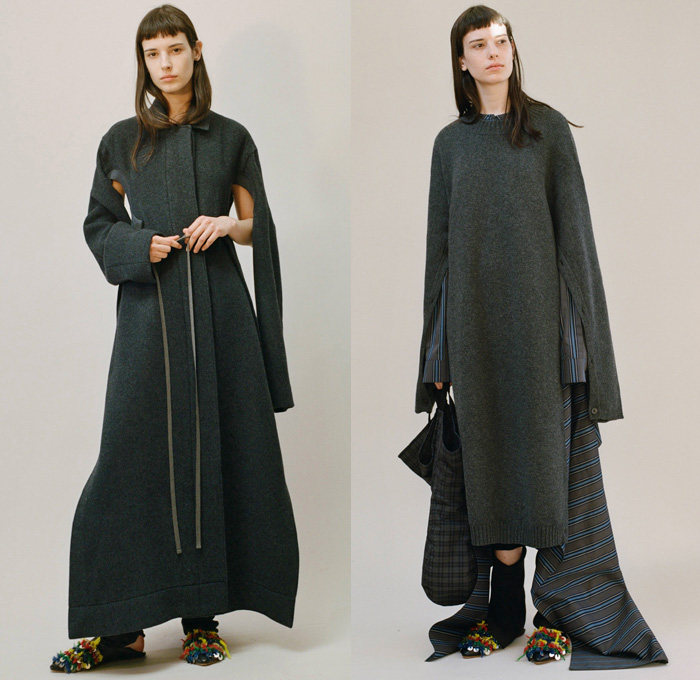 Ports 1961 2017 Pre Fall Autumn Womens Lookbook Presentation - Oversized Outerwear Coat Hanging Sleeve Blouse Long Sleeve Shirt Extra Panel Low High Hem Dovetail Mullet High Low Hem Stripes Skirt Frock Wool Sweater Jumper Wide Panel Wrap Plaid Tartan Check Dress Cutout Asymmetrical Pantsuit Voluminous Separates Blanket Cocoon Stretch Tailored Wide Leg Trousers Palazzo Pants Deconstructed Tearaway Buttoned Hem Flowers Floral Vase Bedazzled Decorated Slip-ons