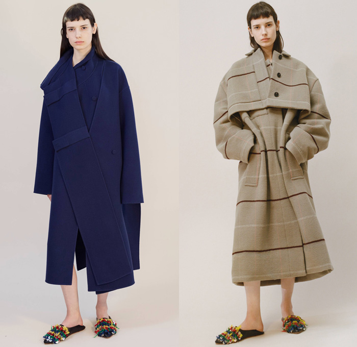 Ports 1961 2017 Pre Fall Autumn Womens Lookbook Presentation - Oversized Outerwear Coat Hanging Sleeve Blouse Long Sleeve Shirt Extra Panel Low High Hem Dovetail Mullet High Low Hem Stripes Skirt Frock Wool Sweater Jumper Wide Panel Wrap Plaid Tartan Check Dress Cutout Asymmetrical Pantsuit Voluminous Separates Blanket Cocoon Stretch Tailored Wide Leg Trousers Palazzo Pants Deconstructed Tearaway Buttoned Hem Flowers Floral Vase Bedazzled Decorated Slip-ons