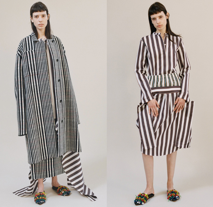 Ports 1961 2017 Pre Fall Autumn Womens Lookbook Presentation - Oversized Outerwear Coat Hanging Sleeve Blouse Long Sleeve Shirt Extra Panel Low High Hem Dovetail Mullet High Low Hem Stripes Skirt Frock Wool Sweater Jumper Wide Panel Wrap Plaid Tartan Check Dress Cutout Asymmetrical Pantsuit Voluminous Separates Blanket Cocoon Stretch Tailored Wide Leg Trousers Palazzo Pants Deconstructed Tearaway Buttoned Hem Flowers Floral Vase Bedazzled Decorated Slip-ons