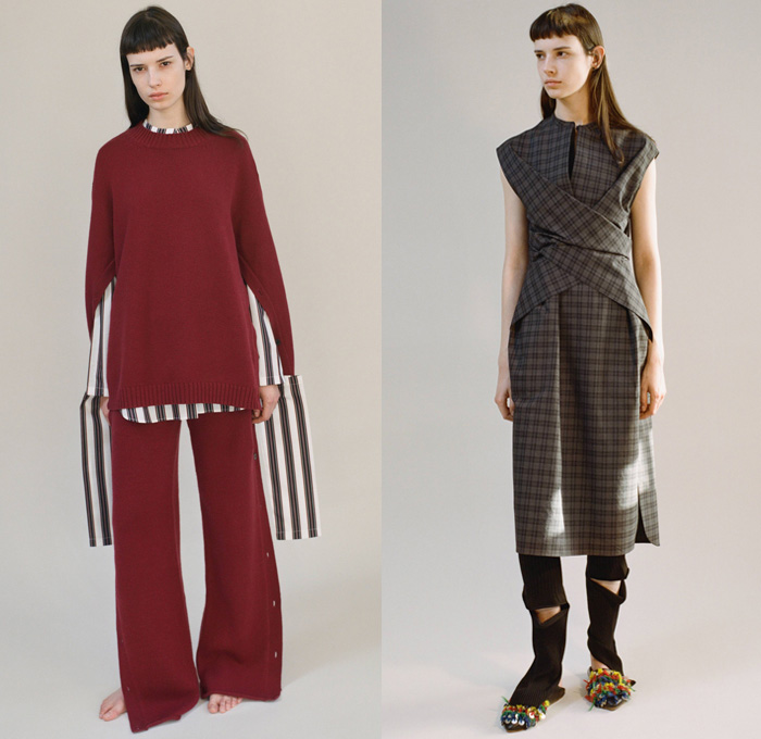 Ports 1961 2017 Pre Fall Autumn Womens Lookbook Presentation - Oversized Outerwear Coat Hanging Sleeve Blouse Long Sleeve Shirt Extra Panel Low High Hem Dovetail Mullet High Low Hem Stripes Skirt Frock Wool Sweater Jumper Wide Panel Wrap Plaid Tartan Check Dress Cutout Asymmetrical Pantsuit Voluminous Separates Blanket Cocoon Stretch Tailored Wide Leg Trousers Palazzo Pants Deconstructed Tearaway Buttoned Hem Flowers Floral Vase Bedazzled Decorated Slip-ons