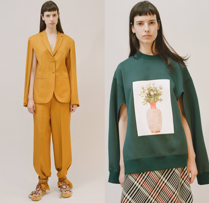 Ports 1961 2017 Pre Fall Autumn Womens Lookbook Presentation - Oversized Outerwear Coat Hanging Sleeve Blouse Long Sleeve Shirt Extra Panel Low High Hem Dovetail Mullet High Low Hem Stripes Skirt Frock Wool Sweater Jumper Wide Panel Wrap Plaid Tartan Check Dress Cutout Asymmetrical Pantsuit Voluminous Separates Blanket Cocoon Stretch Tailored Wide Leg Trousers Palazzo Pants Deconstructed Tearaway Buttoned Hem Flowers Floral Vase Bedazzled Decorated Slip-ons