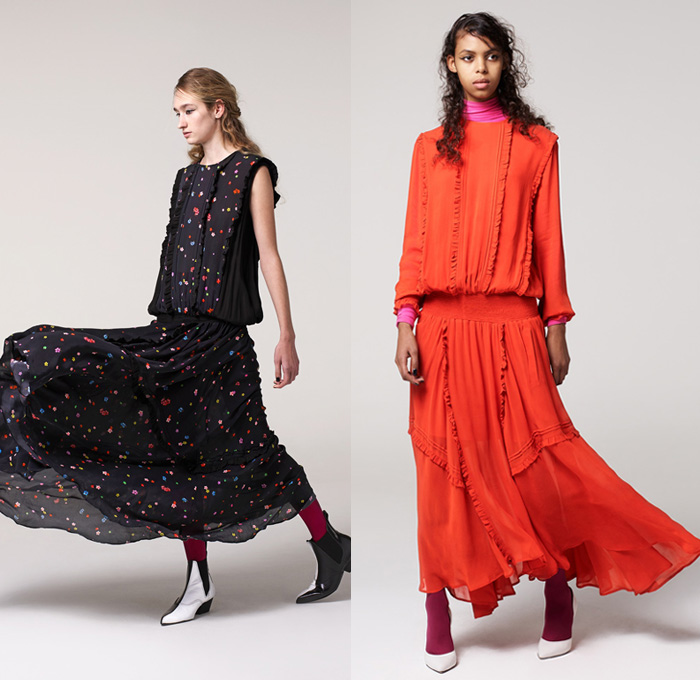 Preen Line by Thornton Bregazzi 2017 Pre Fall Autumn Womens Lookbook Presentation - Maxi Dress Goddess Gown Sheer Chiffon Flowers Floral Motif Turtleneck Stripes Plaid Tartan Check Leggings Stockings Tights Leg Warmers Metallic Silver Motorcycle Biker Jacket Chunky Knit Sweater Cardigan Oversized Zigzag Cutout Shoulders Shirtdress Angled Hem Velvet Sweatshirt Hood Playsuit Onesie Drawstring Cinch Ankle Boots Bow Tie