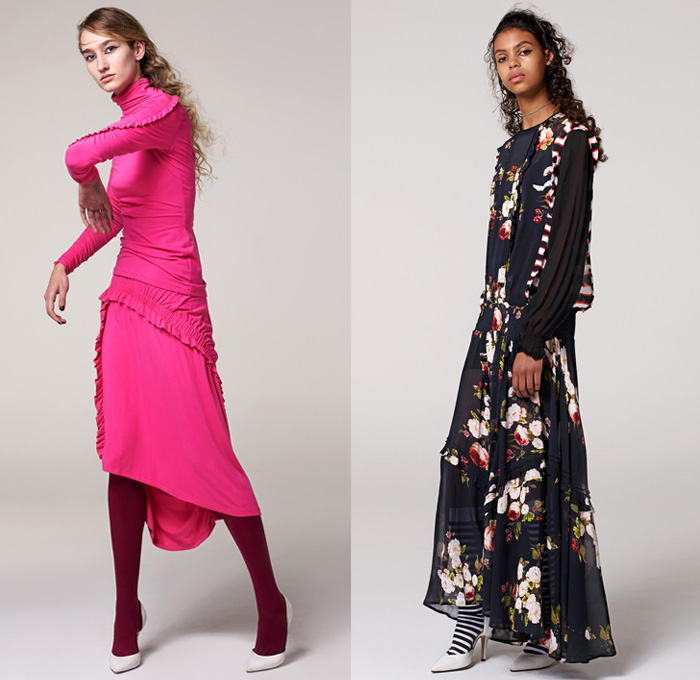 Preen Line by Thornton Bregazzi 2017 Pre Fall Autumn Womens Lookbook Presentation - Maxi Dress Goddess Gown Sheer Chiffon Flowers Floral Motif Turtleneck Stripes Plaid Tartan Check Leggings Stockings Tights Leg Warmers Metallic Silver Motorcycle Biker Jacket Chunky Knit Sweater Cardigan Oversized Zigzag Cutout Shoulders Shirtdress Angled Hem Velvet Sweatshirt Hood Playsuit Onesie Drawstring Cinch Ankle Boots Bow Tie