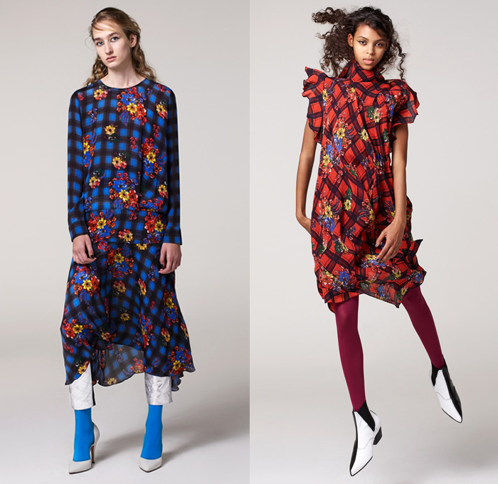 Preen Line by Thornton Bregazzi 2017 Pre Fall Autumn Womens Lookbook Presentation - Maxi Dress Goddess Gown Sheer Chiffon Flowers Floral Motif Turtleneck Stripes Plaid Tartan Check Leggings Stockings Tights Leg Warmers Metallic Silver Motorcycle Biker Jacket Chunky Knit Sweater Cardigan Oversized Zigzag Cutout Shoulders Shirtdress Angled Hem Velvet Sweatshirt Hood Playsuit Onesie Drawstring Cinch Ankle Boots Bow Tie