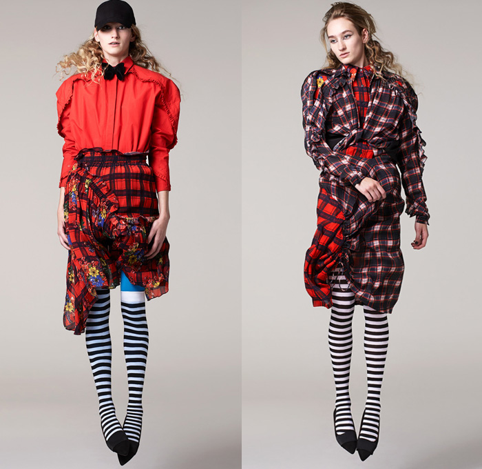 Preen Line by Thornton Bregazzi 2017 Pre Fall Autumn Womens Lookbook Presentation - Maxi Dress Goddess Gown Sheer Chiffon Flowers Floral Motif Turtleneck Stripes Plaid Tartan Check Leggings Stockings Tights Leg Warmers Metallic Silver Motorcycle Biker Jacket Chunky Knit Sweater Cardigan Oversized Zigzag Cutout Shoulders Shirtdress Angled Hem Velvet Sweatshirt Hood Playsuit Onesie Drawstring Cinch Ankle Boots Bow Tie