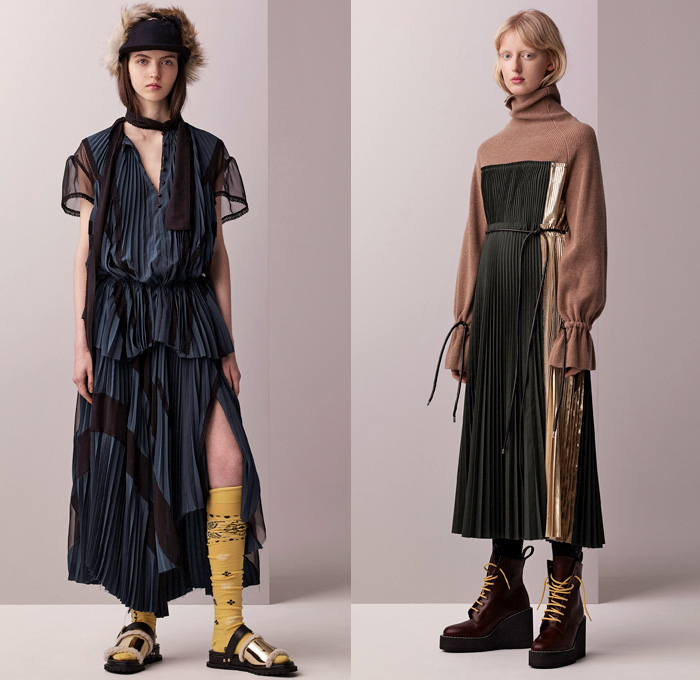 Sacai by Chitose Abe 2017 Pre Fall Autumn Womens Lookbook Presentation - Cut Up Hybrid Collage Deconstructed Combo Mix Panels Military Chunky Knit Turtleneck Crochet Sweater Jumper Cardigan Grosgrain Straps Zippered Hem Motorcycle Biker Pants Leather Lace Needlework Embroidery Sheer Chiffon Tulle Mesh Fishnet Flowers Floral Accordion Pleats Cargo Pockets Dress Paisley Cinch Drawstring Ornamental Pixelated Outerwear Coat Parka Shaggy Plush Fur Shearling Quilted Waffle Puffer Down Bomber Jacket Denim Jeans Shirtdress Platform Elevator Boots Socks Hat Cap Handbag Fringes