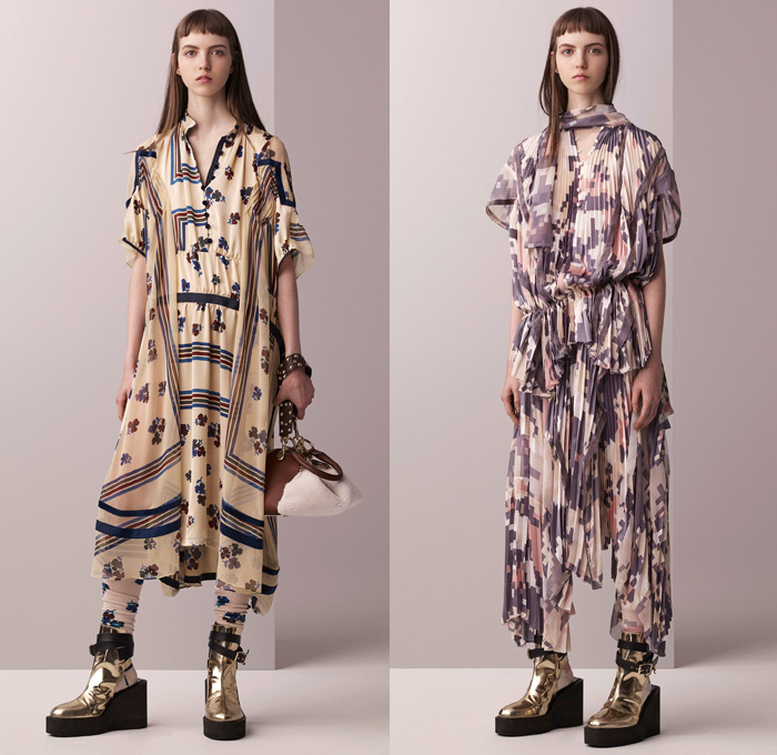 Sacai by Chitose Abe 2017 Pre Fall Autumn Womens Lookbook Presentation - Cut Up Hybrid Collage Deconstructed Combo Mix Panels Military Chunky Knit Turtleneck Crochet Sweater Jumper Cardigan Grosgrain Straps Zippered Hem Motorcycle Biker Pants Leather Lace Needlework Embroidery Sheer Chiffon Tulle Mesh Fishnet Flowers Floral Accordion Pleats Cargo Pockets Dress Paisley Cinch Drawstring Ornamental Pixelated Outerwear Coat Parka Shaggy Plush Fur Shearling Quilted Waffle Puffer Down Bomber Jacket Denim Jeans Shirtdress Platform Elevator Boots Socks Hat Cap Handbag Fringes