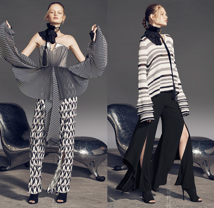 sass & bide 2017 Pre Fall Autumn Womens Lookbook Presentation - The Prohibition Speakeasy Art Deco Geometric Nightclub Silk Satin Wide Lapel Jacket Blazer Furry Shaggy Plush Asymmetrical Hem Drapery Dress Embroidery Adorned Decorated Bedazzled Sequins Fringes Tassels Sleeveless Ornaments Decorative Art Strapless Open Cutout Shoulders Chunky Knit Sweater High Slit Stripes Tiered Wide Leg Palazzo Pants Trousers Mesh Skirt Shirtdress Sheer Chiffon Metallic Foil Heels Pumps Peplum Bracelet Brooch Purse Clutch Ruffled Choker Necklace Knee High Boots Skinny Denim Jeans Moto Panels