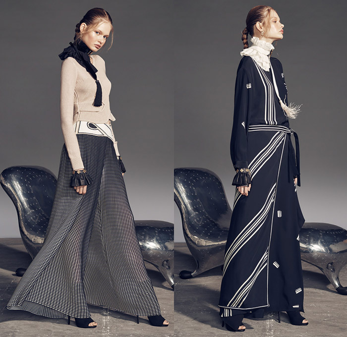 sass & bide 2017 Pre Fall Autumn Womens Lookbook Presentation - The Prohibition Speakeasy Art Deco Geometric Nightclub Silk Satin Wide Lapel Jacket Blazer Furry Shaggy Plush Asymmetrical Hem Drapery Dress Embroidery Adorned Decorated Bedazzled Sequins Fringes Tassels Sleeveless Ornaments Decorative Art Strapless Open Cutout Shoulders Chunky Knit Sweater High Slit Stripes Tiered Wide Leg Palazzo Pants Trousers Mesh Skirt Shirtdress Sheer Chiffon Metallic Foil Heels Pumps Peplum Bracelet Brooch Purse Clutch Ruffled Choker Necklace Knee High Boots Skinny Denim Jeans Moto Panels