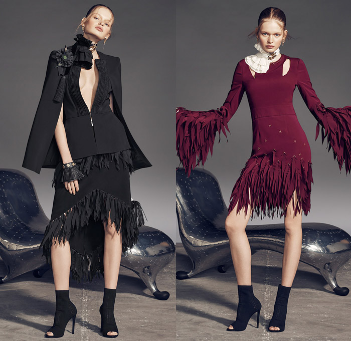 sass & bide 2017 Pre Fall Autumn Womens Lookbook Presentation - The Prohibition Speakeasy Art Deco Geometric Nightclub Silk Satin Wide Lapel Jacket Blazer Furry Shaggy Plush Asymmetrical Hem Drapery Dress Embroidery Adorned Decorated Bedazzled Sequins Fringes Tassels Sleeveless Ornaments Decorative Art Strapless Open Cutout Shoulders Chunky Knit Sweater High Slit Stripes Tiered Wide Leg Palazzo Pants Trousers Mesh Skirt Shirtdress Sheer Chiffon Metallic Foil Heels Pumps Peplum Bracelet Brooch Purse Clutch Ruffled Choker Necklace Knee High Boots Skinny Denim Jeans Moto Panels