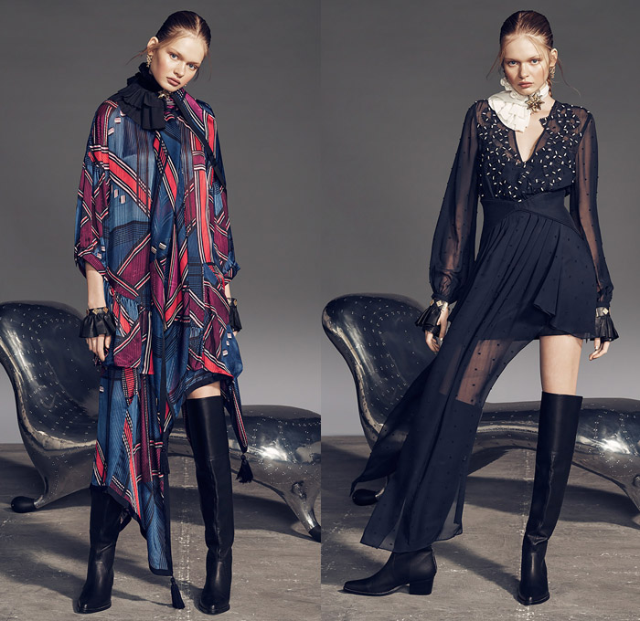 sass & bide 2017 Pre Fall Autumn Womens Lookbook Presentation - The Prohibition Speakeasy Art Deco Geometric Nightclub Silk Satin Wide Lapel Jacket Blazer Furry Shaggy Plush Asymmetrical Hem Drapery Dress Embroidery Adorned Decorated Bedazzled Sequins Fringes Tassels Sleeveless Ornaments Decorative Art Strapless Open Cutout Shoulders Chunky Knit Sweater High Slit Stripes Tiered Wide Leg Palazzo Pants Trousers Mesh Skirt Shirtdress Sheer Chiffon Metallic Foil Heels Pumps Peplum Bracelet Brooch Purse Clutch Ruffled Choker Necklace Knee High Boots Skinny Denim Jeans Moto Panels