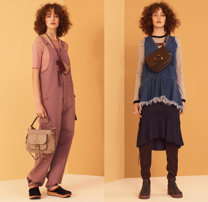 See By Chloé 2017 Pre Fall Autumn Womens Lookbook Presentation - Georgia O’Keeffe Influences Russian Mountain Villages Onesie Jumpsuit Bib Brace Dungarees Knit Sweater Jumper Ribbed Midi Skirt Frock Ruffles Pants Under Skirt Satin Silk Vest Waistcoat Stripes Tiered Flowers Floral Paisley Drawstring Mesh Turtleneck Leg Warmers Maxi Dress Wide Leg Scarf Sweatshirt Jogger Needlework Lace Up Shoelace Drawstring Check Poncho Cloak Cape Trench Coat Quilted Neck Pouch Clogs Pyramid Bag Knee High Suede Boots Frayed Raw Hem Denim Jeans