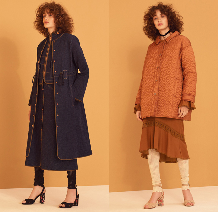 See By Chloé 2017 Pre Fall Autumn Womens Lookbook Presentation - Georgia O’Keeffe Influences Russian Mountain Villages Onesie Jumpsuit Bib Brace Dungarees Knit Sweater Jumper Ribbed Midi Skirt Frock Ruffles Pants Under Skirt Satin Silk Vest Waistcoat Stripes Tiered Flowers Floral Paisley Drawstring Mesh Turtleneck Leg Warmers Maxi Dress Wide Leg Scarf Sweatshirt Jogger Needlework Lace Up Shoelace Drawstring Check Poncho Cloak Cape Trench Coat Quilted Neck Pouch Clogs Pyramid Bag Knee High Suede Boots Frayed Raw Hem Denim Jeans