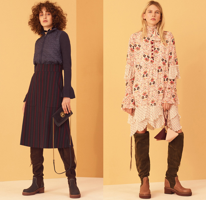 See By Chloé 2017 Pre Fall Autumn Womens Lookbook Presentation - Georgia O’Keeffe Influences Russian Mountain Villages Onesie Jumpsuit Bib Brace Dungarees Knit Sweater Jumper Ribbed Midi Skirt Frock Ruffles Pants Under Skirt Satin Silk Vest Waistcoat Stripes Tiered Flowers Floral Paisley Drawstring Mesh Turtleneck Leg Warmers Maxi Dress Wide Leg Scarf Sweatshirt Jogger Needlework Lace Up Shoelace Drawstring Check Poncho Cloak Cape Trench Coat Quilted Neck Pouch Clogs Pyramid Bag Knee High Suede Boots Frayed Raw Hem Denim Jeans