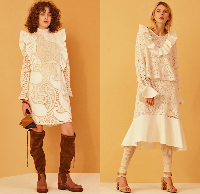 See By Chloé 2017 Pre Fall Autumn Womens Lookbook Presentation - Georgia O’Keeffe Influences Russian Mountain Villages Onesie Jumpsuit Bib Brace Dungarees Knit Sweater Jumper Ribbed Midi Skirt Frock Ruffles Pants Under Skirt Satin Silk Vest Waistcoat Stripes Tiered Flowers Floral Paisley Drawstring Mesh Turtleneck Leg Warmers Maxi Dress Wide Leg Scarf Sweatshirt Jogger Needlework Lace Up Shoelace Drawstring Check Poncho Cloak Cape Trench Coat Quilted Neck Pouch Clogs Pyramid Bag Knee High Suede Boots Frayed Raw Hem Denim Jeans