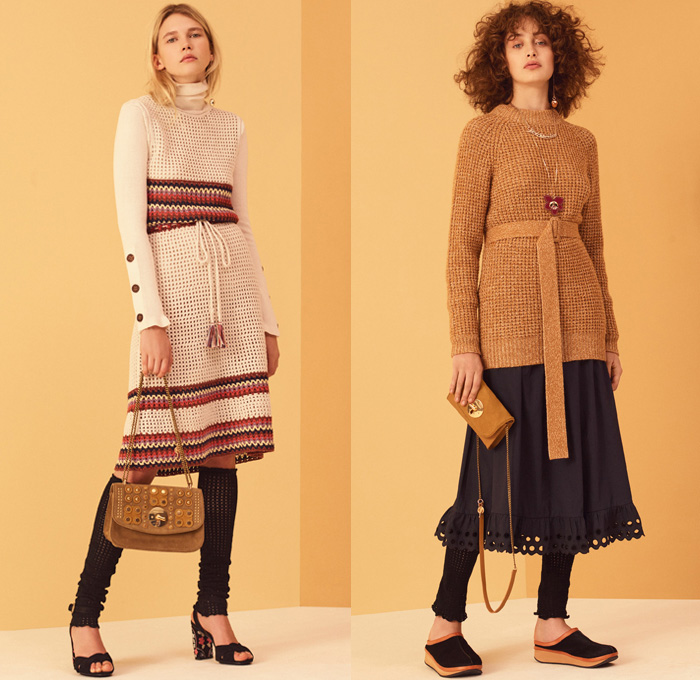 See By Chloé 2017 Pre Fall Autumn Womens Lookbook Presentation - Georgia O’Keeffe Influences Russian Mountain Villages Onesie Jumpsuit Bib Brace Dungarees Knit Sweater Jumper Ribbed Midi Skirt Frock Ruffles Pants Under Skirt Satin Silk Vest Waistcoat Stripes Tiered Flowers Floral Paisley Drawstring Mesh Turtleneck Leg Warmers Maxi Dress Wide Leg Scarf Sweatshirt Jogger Needlework Lace Up Shoelace Drawstring Check Poncho Cloak Cape Trench Coat Quilted Neck Pouch Clogs Pyramid Bag Knee High Suede Boots Frayed Raw Hem Denim Jeans