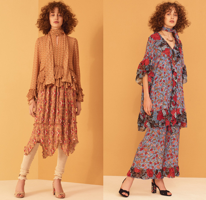 See By Chloé 2017 Pre Fall Autumn Womens Lookbook Presentation - Georgia O’Keeffe Influences Russian Mountain Villages Onesie Jumpsuit Bib Brace Dungarees Knit Sweater Jumper Ribbed Midi Skirt Frock Ruffles Pants Under Skirt Satin Silk Vest Waistcoat Stripes Tiered Flowers Floral Paisley Drawstring Mesh Turtleneck Leg Warmers Maxi Dress Wide Leg Scarf Sweatshirt Jogger Needlework Lace Up Shoelace Drawstring Check Poncho Cloak Cape Trench Coat Quilted Neck Pouch Clogs Pyramid Bag Knee High Suede Boots Frayed Raw Hem Denim Jeans