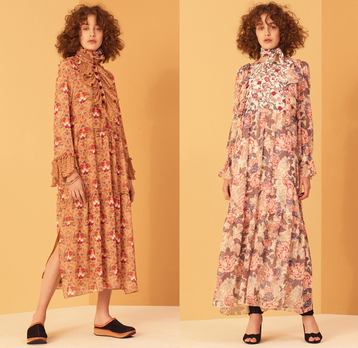 See By Chloé 2017 Pre Fall Autumn Womens Lookbook Presentation - Georgia O’Keeffe Influences Russian Mountain Villages Onesie Jumpsuit Bib Brace Dungarees Knit Sweater Jumper Ribbed Midi Skirt Frock Ruffles Pants Under Skirt Satin Silk Vest Waistcoat Stripes Tiered Flowers Floral Paisley Drawstring Mesh Turtleneck Leg Warmers Maxi Dress Wide Leg Scarf Sweatshirt Jogger Needlework Lace Up Shoelace Drawstring Check Poncho Cloak Cape Trench Coat Quilted Neck Pouch Clogs Pyramid Bag Knee High Suede Boots Frayed Raw Hem Denim Jeans