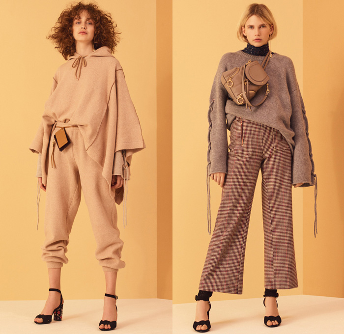 See By Chloé 2017 Pre Fall Autumn Womens Lookbook Presentation - Georgia O’Keeffe Influences Russian Mountain Villages Onesie Jumpsuit Bib Brace Dungarees Knit Sweater Jumper Ribbed Midi Skirt Frock Ruffles Pants Under Skirt Satin Silk Vest Waistcoat Stripes Tiered Flowers Floral Paisley Drawstring Mesh Turtleneck Leg Warmers Maxi Dress Wide Leg Scarf Sweatshirt Jogger Needlework Lace Up Shoelace Drawstring Check Poncho Cloak Cape Trench Coat Quilted Neck Pouch Clogs Pyramid Bag Knee High Suede Boots Frayed Raw Hem Denim Jeans