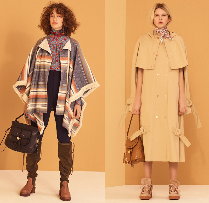 See By Chloé 2017 Pre Fall Autumn Womens Lookbook Presentation - Georgia O’Keeffe Influences Russian Mountain Villages Onesie Jumpsuit Bib Brace Dungarees Knit Sweater Jumper Ribbed Midi Skirt Frock Ruffles Pants Under Skirt Satin Silk Vest Waistcoat Stripes Tiered Flowers Floral Paisley Drawstring Mesh Turtleneck Leg Warmers Maxi Dress Wide Leg Scarf Sweatshirt Jogger Needlework Lace Up Shoelace Drawstring Check Poncho Cloak Cape Trench Coat Quilted Neck Pouch Clogs Pyramid Bag Knee High Suede Boots Frayed Raw Hem Denim Jeans