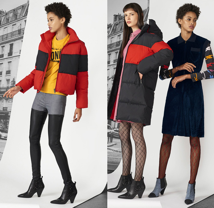 Sonia By Sonia Rykiel 2017 Pre Fall Autumn Womens Lookbook Presentation - Outerwear Coat Quilted Waffle Puffer Jacket Parka Rainwear Hood Velvet Fishnet Stockings Tights Knit Sweater Jumper Turtleneck Skirt Frock Abstract Art Doodles Spraypaint Lace Suede Check Gingham Windowpane Grid Stripes Cardigan Pantsuit Blazer Furry Plush Cutout Hem Bomberdress Long Back Card Suit Hearts Clubs Spade Diamonds Bib Asymmetrical Hem Ruffles Safety Pin Ankle Boots