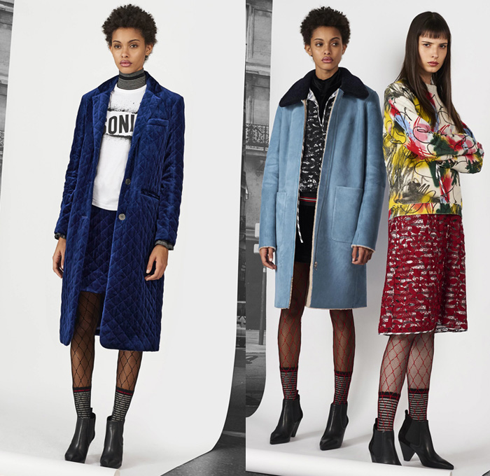 Sonia By Sonia Rykiel 2017 Pre Fall Autumn Womens Lookbook Presentation - Outerwear Coat Quilted Waffle Puffer Jacket Parka Rainwear Hood Velvet Fishnet Stockings Tights Knit Sweater Jumper Turtleneck Skirt Frock Abstract Art Doodles Spraypaint Lace Suede Check Gingham Windowpane Grid Stripes Cardigan Pantsuit Blazer Furry Plush Cutout Hem Bomberdress Long Back Card Suit Hearts Clubs Spade Diamonds Bib Asymmetrical Hem Ruffles Safety Pin Ankle Boots